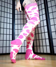 Thigh High Hot Pink Cow Print Socks