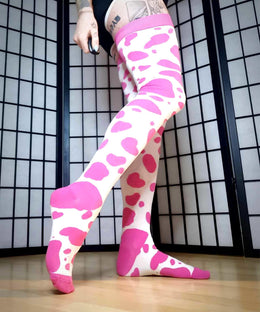 Thigh High Hot Pink Cow Print Socks